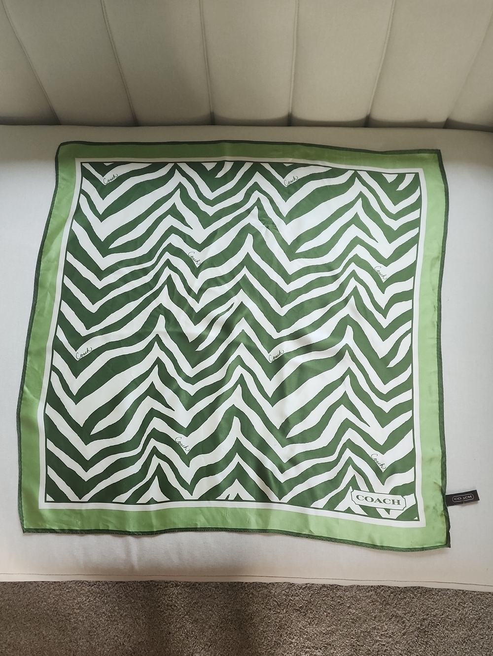 Coach Green and White Zebra Print Silk Scarf 26x26
